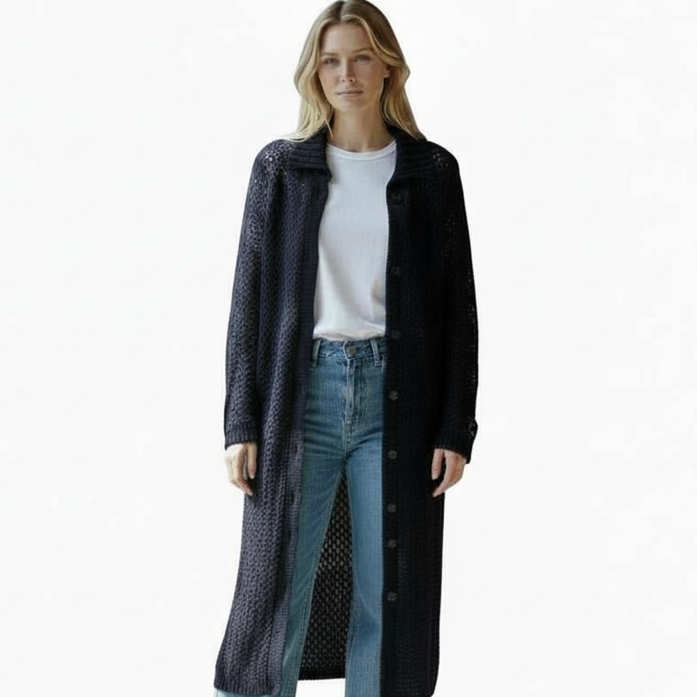 WorldRepublic NEW Y2K Wool Angora Open Knit Long Cardigan Sweater Crochet Blue M